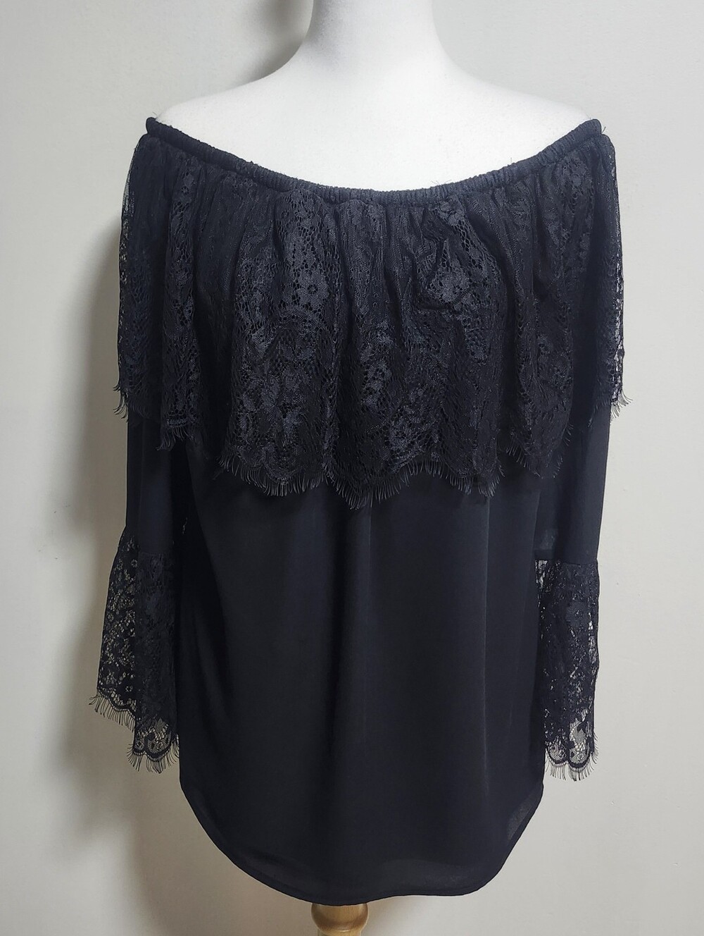Women’s Lined, Black Off-Shoulder Lace Blouse